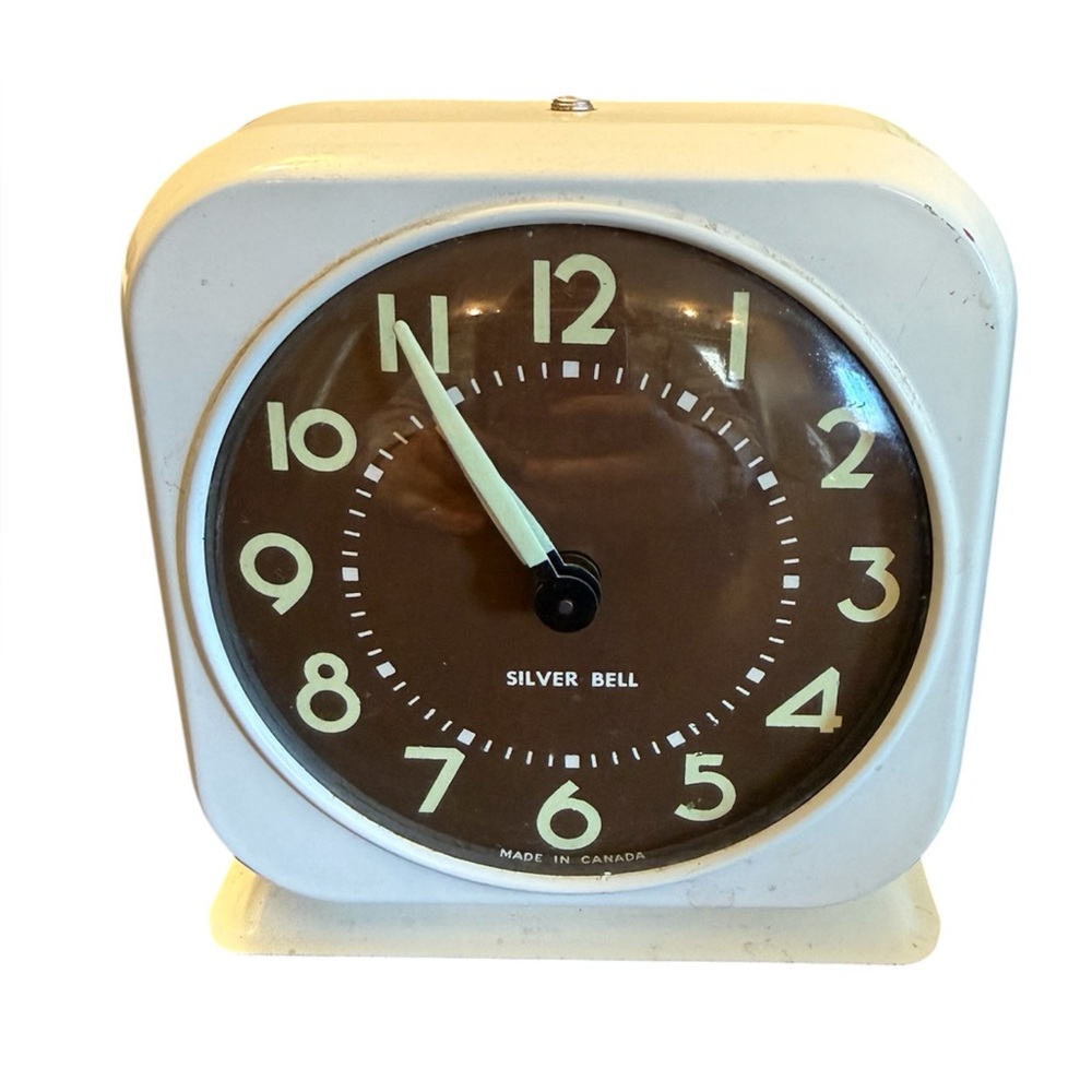 Vintage Silver Bell Wind Up Alarm Clock Made In Canada Cream Metal Midcentury